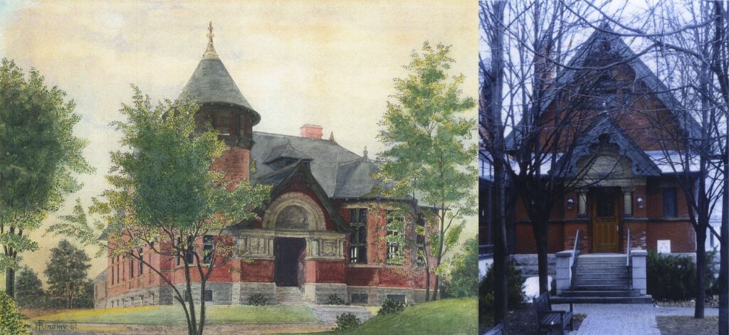 Left: Watercolour of Westmount Public Library by Robert Findlay, 1901, Credit: Robert Findlay Family; Right: Westmount Children’s Library Entrance, 2011, photo by Doreen Lindsay