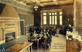 Reference reading area with fireplace--postcard